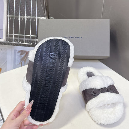 BALENCIAGA 25S SLIPPERS IN MUTED PURPLE GRAY SUEDE AND WHITE WOOL