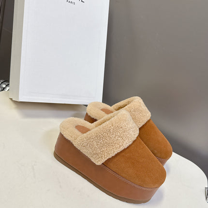 CELINE 26S WEDGE MULES IN ORANGE BROWN SUEDE AND BEIGE WOOL