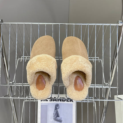 CELINE 26S WEDGE MULES IN SAND BEIGE SUEDE AND WOOL