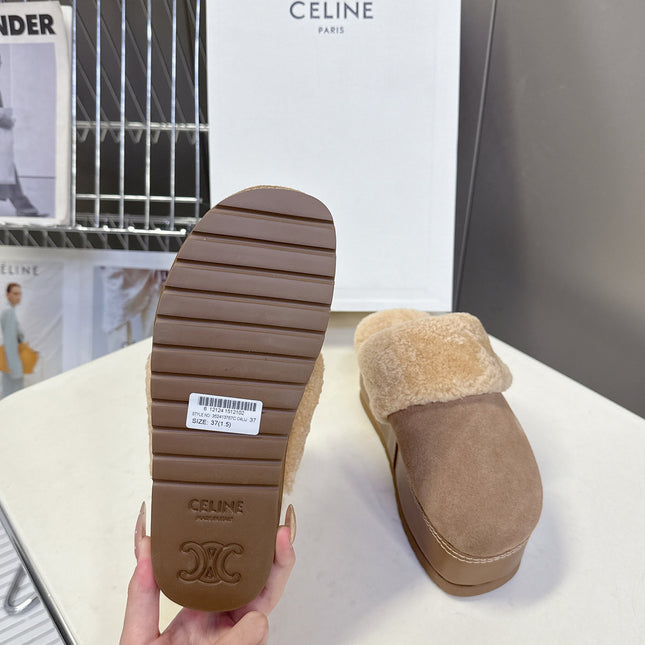 CELINE 26S WEDGE MULES IN SAND BEIGE SUEDE AND WOOL