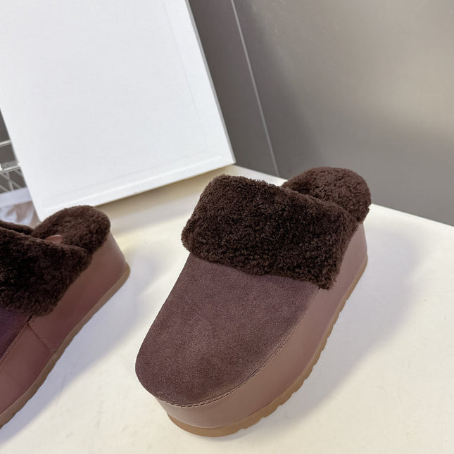 CELINE 26S WEDGE MULES IN PLUM BROWN SUEDE AND WOOL