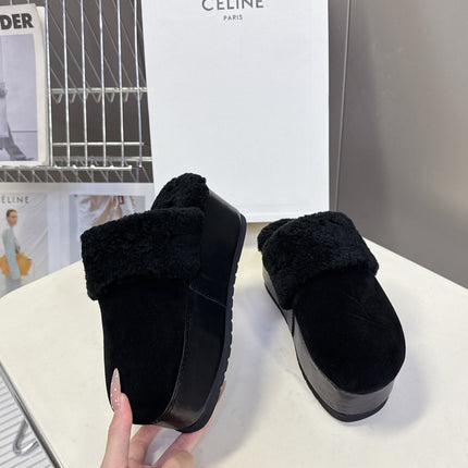 CELINE 26S WEDGE MULES IN BLACK SUEDE AND WOOL