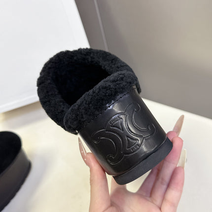 CELINE 26S WEDGE MULES IN BLACK SUEDE AND WOOL