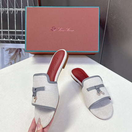 LP 26S SLIDES IN BEIGE CANVAS AND GREY CALFSKIN