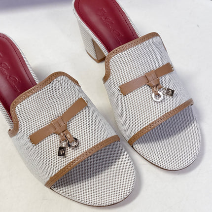 LP 26S HIGH HEEL SANDALS IN BEIGE CANVAS AND BROWN CALFSKIN