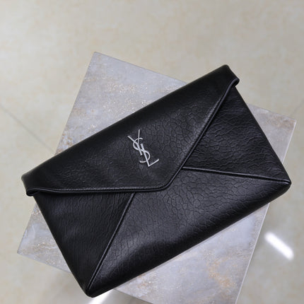 YSL 25S CASSANDRE LARGE ENVELOPE POUCH 29 IN BLACK CALFSKIN GRAY HARDWARE