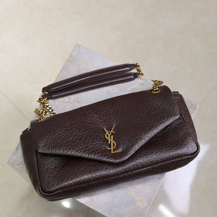 YSL 25S CALYPSO 30 IN DARK CHOCOLATE GRAINED CALFSKIN GOLD HARDWARE