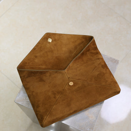 YSL 25S CASSANDRE LARGE ENVELOPE POUCH 29 IN BURNT UMBER SUEDE GOLD HARDWARE