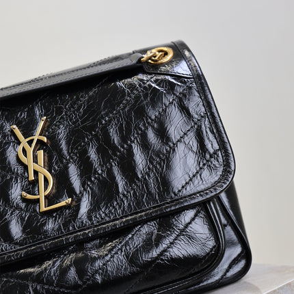 YSL 25S NIKI MM BAG 28 IN BLACK GLOSSY CALFSKIN GOLD HARDWARE