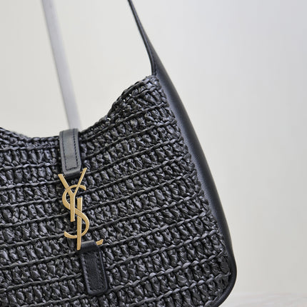 YSL 25S LE 5 À 7 SUPPLE SMALL 16 IN BLACK RAFFIA AND LEATHER GOLD HARDWARE