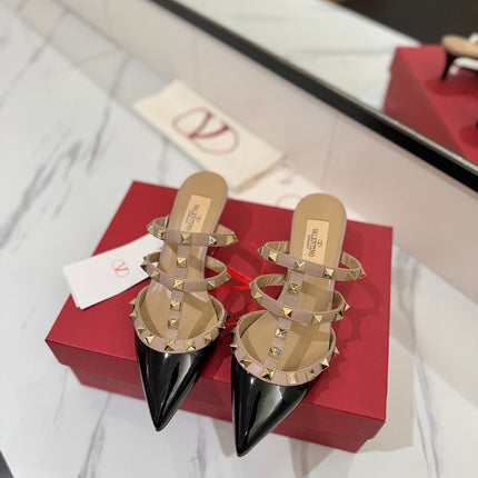 VALENTINO 26S STUDDED HEELED MULES 50 MM IN BLACK PATENT CALFSKIN