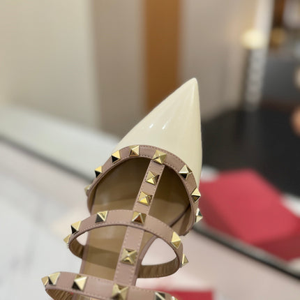 VALENTINO 26S STUDDED HEELED MULES 50 MM IN WHITE PATENT CALFSKIN