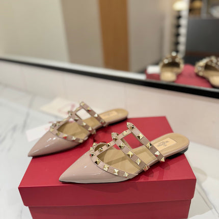 VALENTINO 26S STUDDED FLAT MULES IN NUDE PATENT CALFSKIN