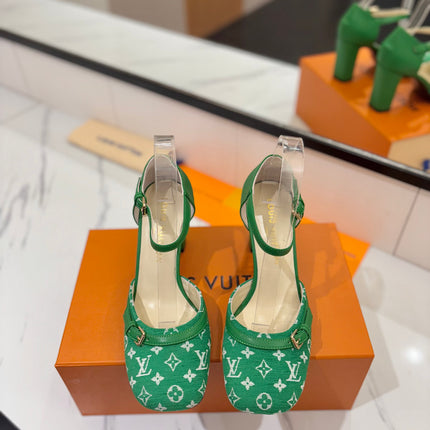 HIGH SANDALS 8 CM IN EMERALD GREEN MONOGRAM DENIM AND CALFSKIN