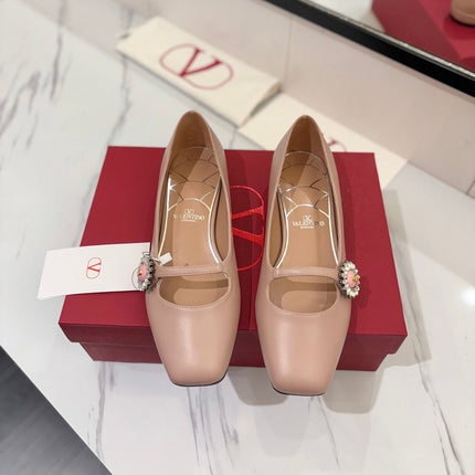 VALENTINO 26S MARY JANE FLATS IN NUDE PINK CALFSKIN WITH CRYSTAL FLOWER
