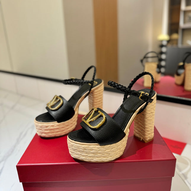VLTN ESPADRILLE WEDGE SANDALS 25S 115 MM IN BLACK LAMBSKIN WITH GOLD HARDWARE