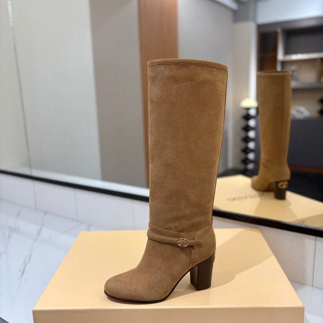 VALENTINO 25S GARAVANI PATTIE KNEE-HIGH BOOTS 80 MM IN LIGHT BROWN SUEDE
