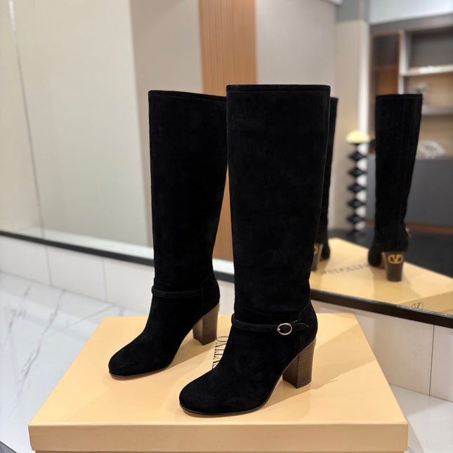 VALENTINO 25S GARAVANI PATTIE KNEE-HIGH BOOTS 80 MM IN BLACK SUEDE