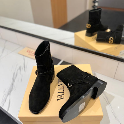 VALENTINO 25S PATTIE ANKLE BOOTS IN BLACK SUEDE WITH GOLD HARDWARE