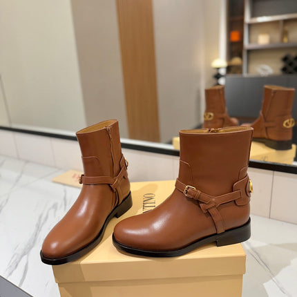 VALENTINO 25S PATTIE ANKLE BOOTS IN BROWN CALFSKIN WITH GOLD HARDWARE