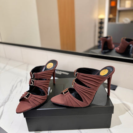 YSL 26S HEELED SANDALS 100 MM IN DARK BROWN FABRIC