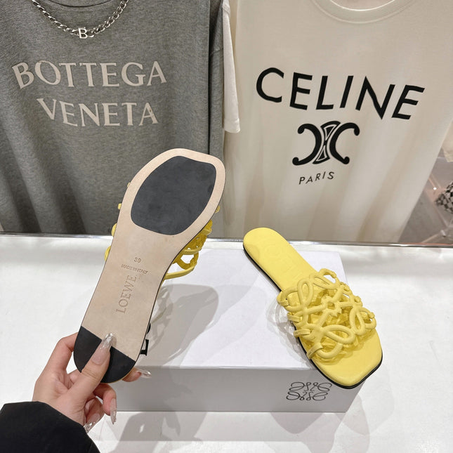 LOEWE 26S PETAL ANAGRAM SLIDE IN YELLOW CALFSKIN