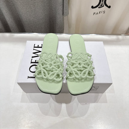 LOEWE 26S PETAL ANAGRAM SLIDE IN SAGE GREEN CALFSKIN