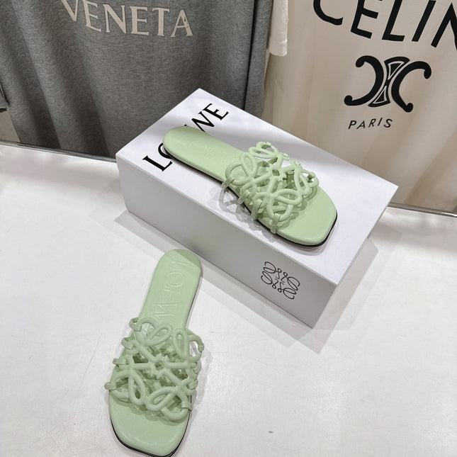 LOEWE 26S PETAL ANAGRAM SLIDE IN SAGE GREEN CALFSKIN