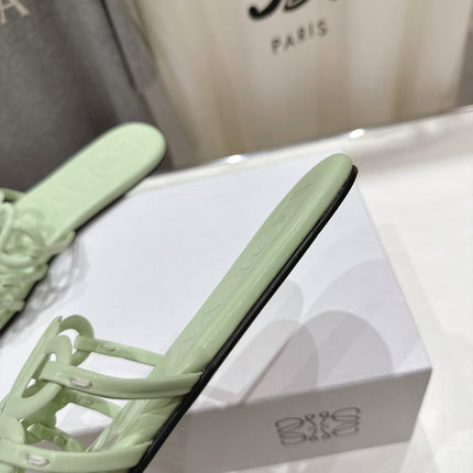 LOEWE 26S PETAL ANAGRAM SLIDE IN SAGE GREEN CALFSKIN