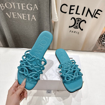 LOEWE 26S PETAL ANAGRAM SLIDE IN TEAL BLUE CALFSKIN