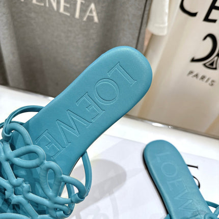 LOEWE 26S PETAL ANAGRAM SLIDE IN TEAL BLUE CALFSKIN