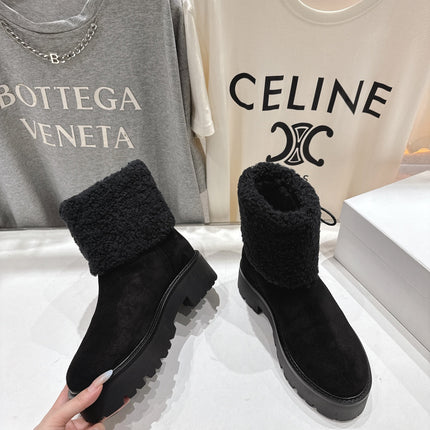 CELINE 26S FUR-TRIM ANKLE BOOTS IN BLACK SUEDE