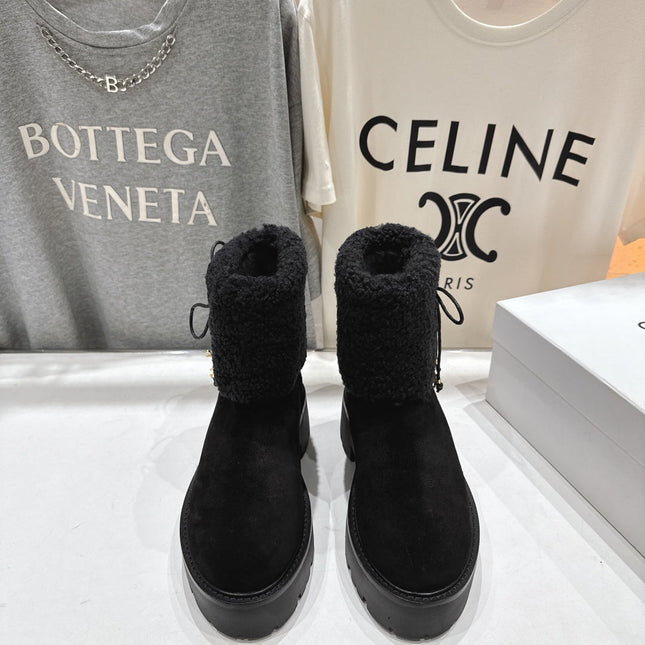 CELINE 26S FUR-TRIM ANKLE BOOTS IN BLACK SUEDE