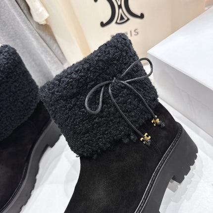 CELINE 26S FUR-TRIM ANKLE BOOTS IN BLACK SUEDE