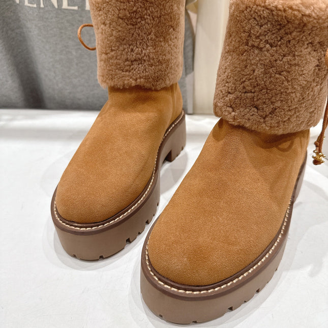 CELINE 26S FUR-TRIM ANKLE BOOTS IN BROWN SUEDE
