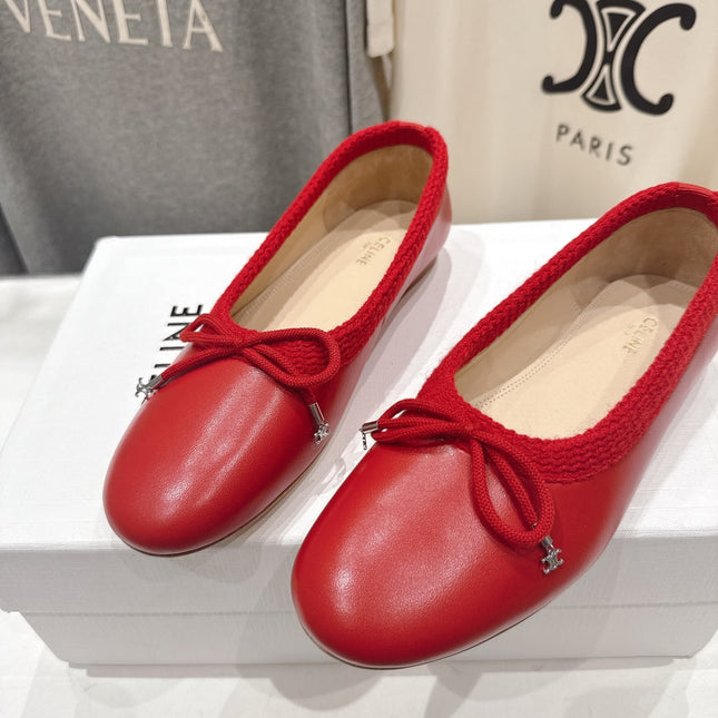 CELINE 26S BALLET FLATS IN RED CALFSKIN WITH BOW