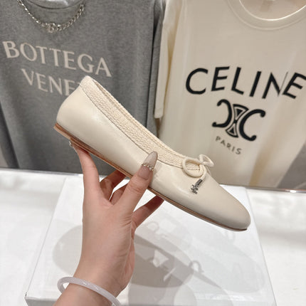 CELINE 26S BALLET FLATS IN CREAM WHITE CALFSKIN WITH BOW