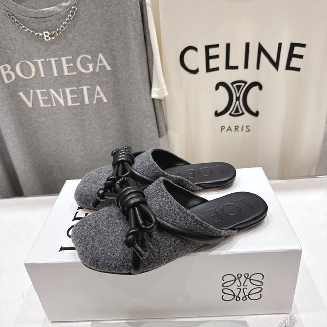 LOEWE 26S MULE LOAFERS IN DARK GREY CALFSKIN AND FABRIC KNOT DETAIL