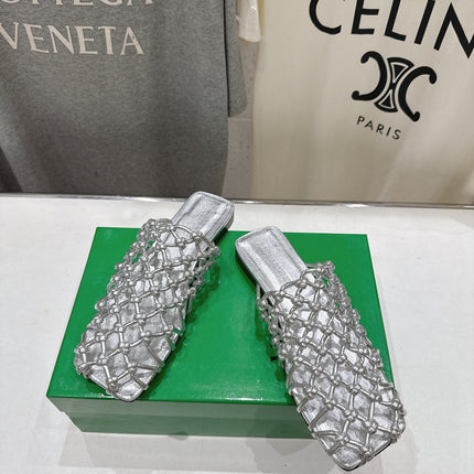 BOTTEGA VENETA 26S WOVEN MULES IN SILVER LAMBSKIN
