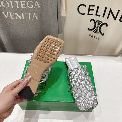 BOTTEGA VENETA 26S WOVEN MULES IN SILVER LAMBSKIN