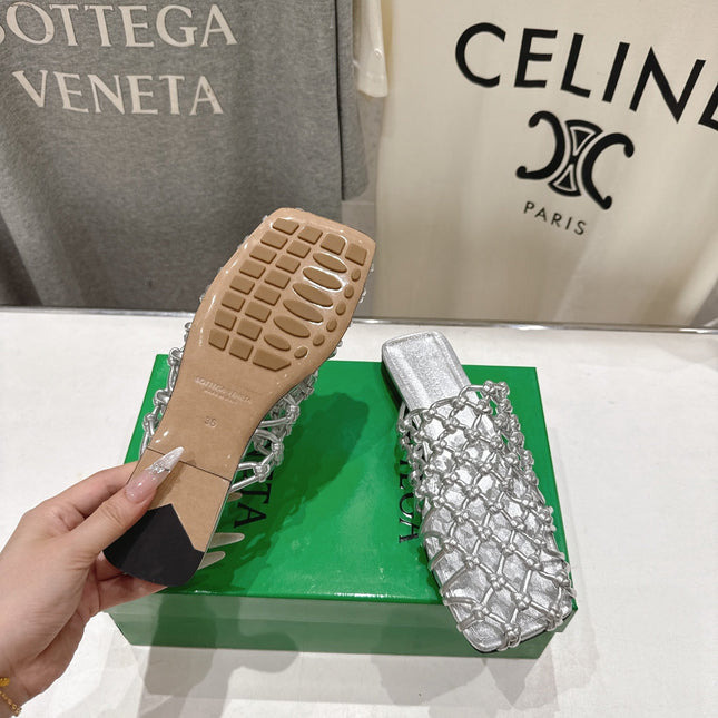 BOTTEGA VENETA 26S WOVEN MULES IN SILVER LAMBSKIN