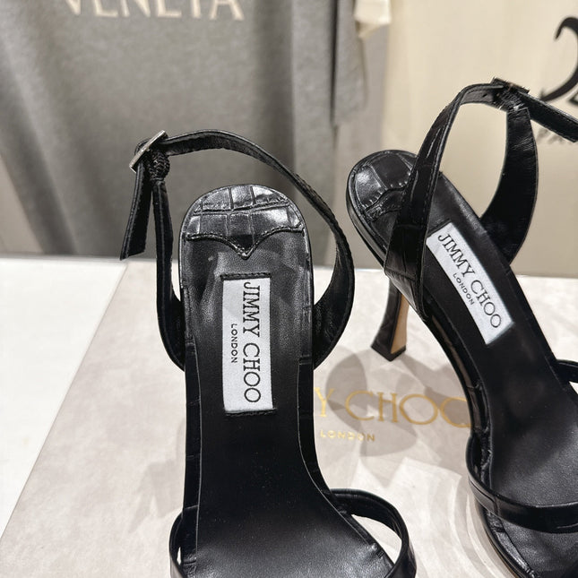 JIMMY CHOO 26S HIGH-HEELED SANDALS 100 MM IN BLACK CROC-EMBOSSED LAMBSKIN