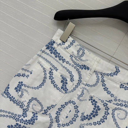CC 25 Printed Denim Single-breasted Short Skirt Blue White Cotton