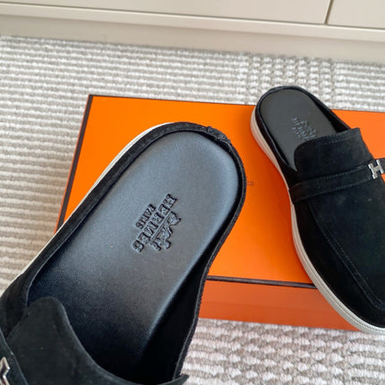 HM 25S MULES IN BLACK SUEDE WITH SILVER HARDWARE