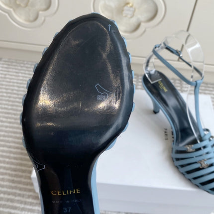 CELINE 26S CLEA TRIOMPHE GLADIATOR HEEL SANDALS 60 MM IN SKY BLUE LAMBSKIN