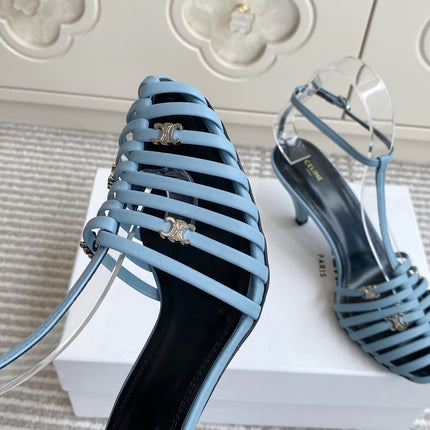 CELINE 26S CLEA TRIOMPHE GLADIATOR HEEL SANDALS 60 MM IN SKY BLUE LAMBSKIN