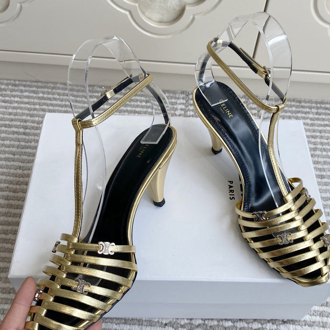 CELINE 26S CLEA TRIOMPHE GLADIATOR HEEL SANDALS 60 MM IN GOLD LAMBSKIN