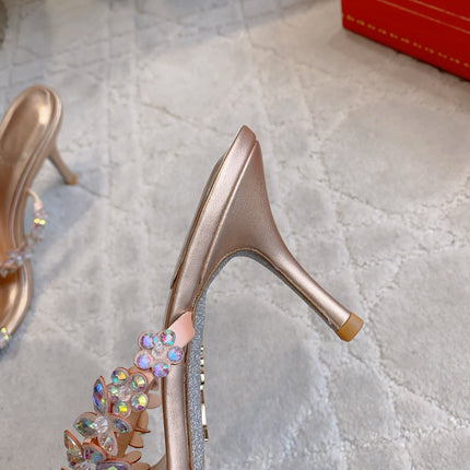 RENE CAOVILLA 26S HEEL SANDALS 65 MM IN ROSE GOLD LAMBSKIN CRYSTAL FLOWER EMBELLISHMENTS