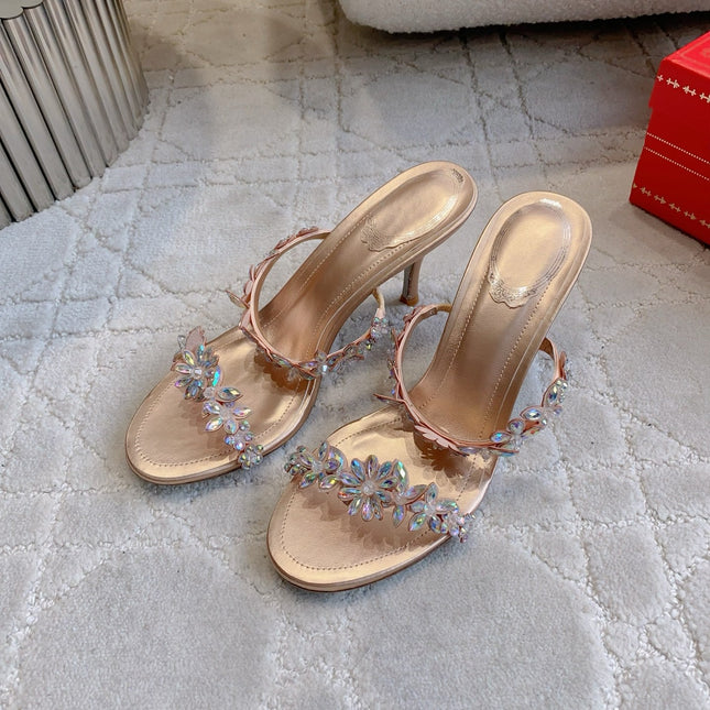 RENE CAOVILLA 26S HEEL SANDALS 65 MM IN ROSE GOLD LAMBSKIN CRYSTAL FLOWER EMBELLISHMENTS