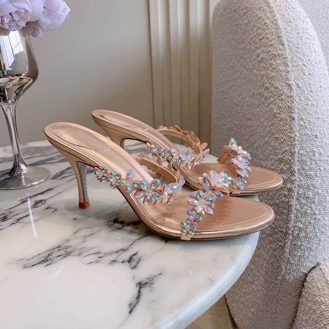RENE CAOVILLA 26S HEEL SANDALS 65 MM IN ROSE GOLD LAMBSKIN CRYSTAL FLOWER EMBELLISHMENTS